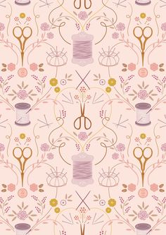 a pattern with scissors, thread and flowers on the background is an image of a sewing needle