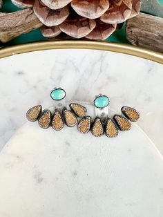 Gold druzy ear jackets, ear jacket druzy, turquoise ear jackets, ear jacket turquoise, gold druzy earrings, druzy ear climbers I am completely obsessed with these druzy ear jackets! They are over the top luxe boho sparkle amazingness!  You'll feel like a QUEEN when you wear these and may never want to take these off!  Perfect for the free spirit who loves interesting jewelry.   Perfect for a holiday party, your big day, bridal shower, anniversary, birthday or just any day you want to feel amazin Taino Jewelry, Gold Ear Jacket, Luxe Boho, Interesting Jewelry, Ear Jacket Earring, Druzy Earrings, Ear Climbers, Ear Jacket, Dangly Earrings