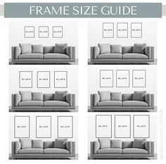 the frame size guide for sofas and loveseats is shown in four different positions