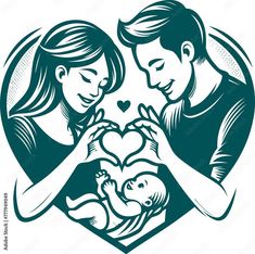 a man and woman holding a baby in their hands with a heart shaped frame around them