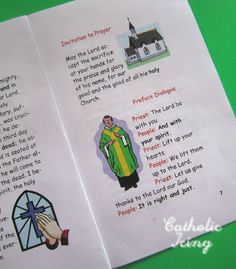 an open book with pictures of people and words on the pages, in front of a green background