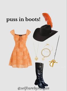 Iconic Ginger Halloween Costumes, Solo Customes Halloween, Modest Costume Ideas, Halloween Costumes With Black Knee High Boots, Halloween Costumes Women Modest, Orange Dress Halloween Costume, Costume With Pink Dress, Last Minute Halloween Costumes Solo, Orange Dress Costume