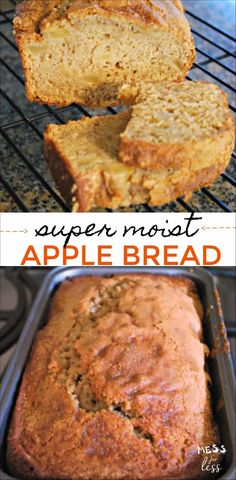 an apple bread is sliced and sitting on a cooling rack