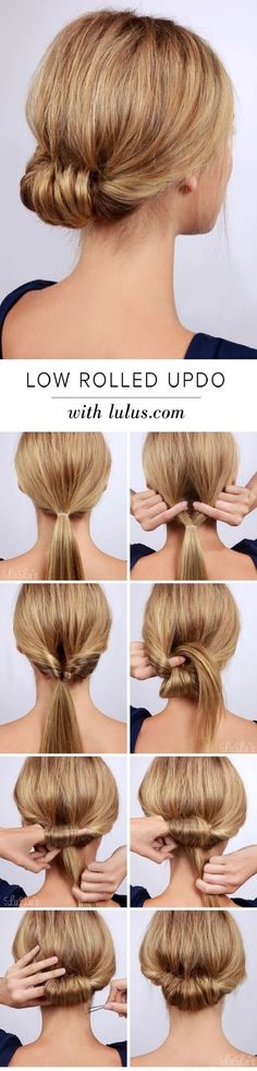 From a classic French braid to the ultimate eyeliner flick: The easiest and… Low Rolled Updo, Easy Updo, Peinados Recogidos, Hair Wraps, Hair Updo