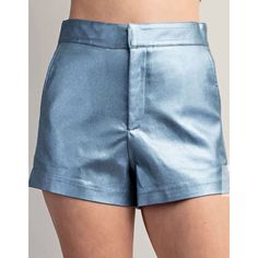 High waisted blue metallic shorts Fitted Jean Shorts For Summer Parties, Blue High-waist Shorts For Party, Blue High Waist Shorts For Party, High Waist Blue Shorts For Party, Chic Blue Party Shorts, Chic Blue Shorts For Party, Summer Night Out Shimmer Bottoms, Metallic Shimmer Summer Bottoms, Chic Party Shorts In Blue