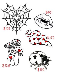 heart python heart spider web heart mushroom’s ladybug vampire teeth tattoo flash Heart Flash Sheet, Anti Love Tattoo Flash, Easy Tattoo Flash Sheet, Small Valentine Tattoos, Cute Valentines Tattoos, Valentines Flash Tattoo Ideas, Anti Valentines Tattoo, Valentine’s Day Flash Sheet, Valentine’s Tattoo