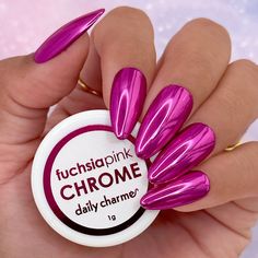 New! Our Mirror Fuchsia Pink Chrome Powder will give your nails the perfect vibrant hot pink metallic chrome finish. This rich and vivid shade is a great color year-round, but especially perfect for Valentine's day and summer nail designs! Try topping it off with our Velvet Matte No-Wipe Gel Top Coat for a beautiful brushed metallic look. Match the base color with Charme Gel 309 Raspberry Jam for a more vibrant effect. Instructions: Apply base color (optional). Apply a layer of the Daily Charme Pink Chrome Gel Nails, Pink Chrome Nails Designs, Barbie Nail Art, Neon Pink Nails, Barbie Nails, Rose Fushia, Summer Nail Designs