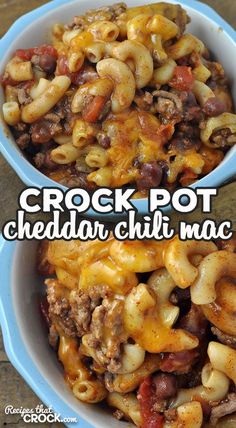 crock pot cheddar chili macaroni and cheese in a blue bowl