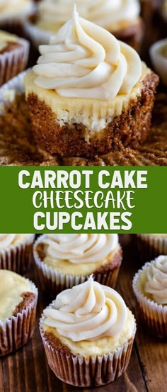 carrot cake cupcakes with cream cheese frosting on top and the title above it