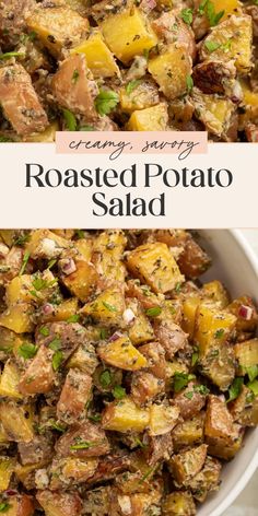 roasted potato salad in a white bowl with text overlay