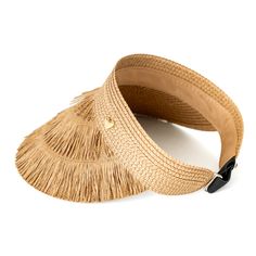 a straw hat with a black buckle on the side and a long tasseled strap