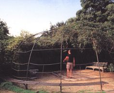 a man standing in the middle of a garden with a circular structure on top of it