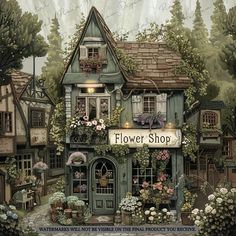 a painting of a flower shop with lots of flowers on the front and side of it