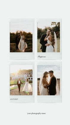 four polaroid photos showing the same couple's wedding day and their first kiss