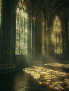 Large Stain Glass Windows, Light Through Stained Glass Window, Stain Glass Lighting, Gothic Interior Architecture, Old Cathedral Aesthetic, Stained Glass Aesthetic Dark, Gothic Cathedral Interior, Stained Glass Windows Aesthetic, Cathedral Aesthetic Dark