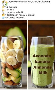 two cups filled with different types of fruit and nuts next to an avocado smoothie