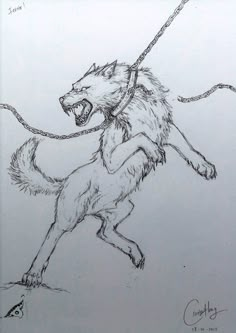 a drawing of a wolf with a leash on its back and mouth open, running