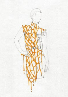 a drawing of a woman in an orange dress with dripping paint on her body and legs