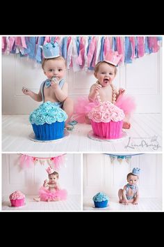 two babies in pink and blue outfits sitting next to cupcakes