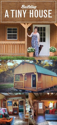 a woman standing in front of a tiny house with the words building a tiny house on it