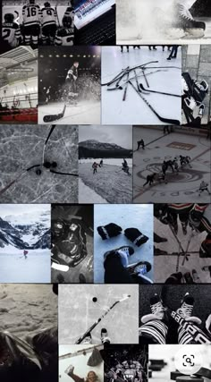 many different pictures of people skiing and snowboarding in the snow with skis on them