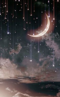 the night sky is filled with stars and a crescent moon in the middle of it