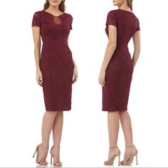 Nwt Js Collections Lace Cocktail Dress In Dark Berry A Lovely Sheath Is Edged With Delicate Eyelash Lace And Features A Stylized Notched Neckline Inset With Sheer Mesh. - 28" Chest 44" Length (Approx) - Hidden Back-Zip Closure - Jewel Neck - Short Sleeves - Built-In Bra Cups - Lined 35 % Cotton 35 % Nylon 30% Rayon New $228 Retail Red Knee-length Lace Dress For Formal Occasions, Burgundy Short Sleeve Dress For Date Night, Red Fitted Knee-length Lace Dress, Burgundy Sheath Dress For Formal Occasions, Elegant Burgundy Short Sleeve Midi Dress, Burgundy Knee-length Formal Dress, Fitted Burgundy Knee-length Dress, Elegant Burgundy Mini Dress With Short Sleeves, Fitted Short Sleeve Burgundy Midi Dress