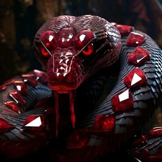 a close up of a snake with red eyes