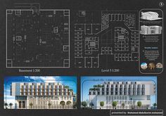 an architectural drawing shows the plans and elevations for a building with multiple levels, including two