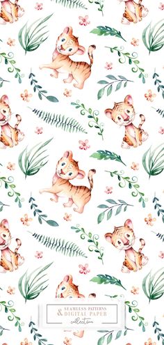 watercolor tiger pattern with flowers and leaves