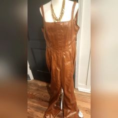 Tried On But Never Worn Out Bc It Doesn't Quite Fit. I Luv It And Wished It Did. Great For A Gno, Date Night Or Special Occasion. Leather Look But Not Leather. Fitted Brown Overall Jumpsuit, Fitted Brown Jumpsuit, Denim Utility Jumpsuit, Bandeau Jumpsuit, Brown Corset, Big Sleeves, Cami Romper, Wide Leg Romper, Halter Romper