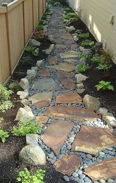 a stone path in the middle of a yard