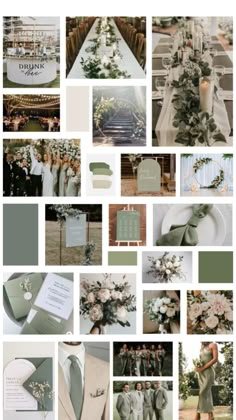 a collage of different wedding colors and details in shades of gray, green, white and gold