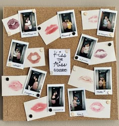 a cork board with pictures and magnets on it that says kiss the miss goodbye