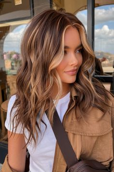 25 Stunning Balayage Ideas for Brunettes in Fall 2024: Explore Hair Color Trends with Blonde Highlights Brunette Hair Color With Balayage, Blonde Dark Brown Balayage, Blonde And Auburn Highlights Brown Hair, Light Fall Balayage, Fall Hair Ideas For Brunettes Highlights, Light Brown Hair Highlight Ideas, Brown Hair With Light Caramel Highlights, Fall Hair With Dimension, Fall Hair Brown And Blonde