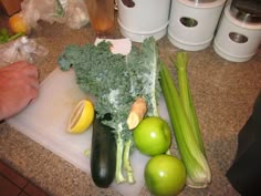 an assortment of vegetables on a cutting board next to some juicers and bins