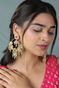 22Kt matte gold plated chandbali earrings with jadtar stones and beaded embellishments. - Aza Fashions Chand Baliyan Earrings, Chaand Baaliyan Earings, Saharey Earrings, Beaded Embellishments, Chandbali Earrings, Wedding Essentials, Jewellery Earrings, Matte Gold, Long Earrings