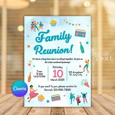 a family reunion poster on a wooden table