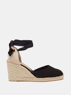 Black Carina 80 canvas & jute espadrille wedges | Castañer | MATCHESFASHION UK Castaner Espadrilles, Black Wedge Shoes, Beige Heels, Midi Ruffle Dress, Black Wedges, Wedge Espadrille, Black Canvas, Espadrilles Wedges