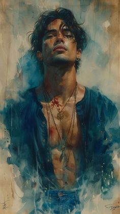 a painting of a shirtless man with his hands in his pockets and necklaces