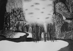 a black and white drawing of trees in the snow