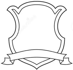 a black and white drawing of a shield with a ribbon around it, on a white background