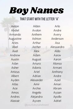 the boy names that start with the letter a in black and white on a poster