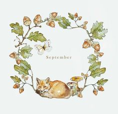 a watercolor drawing of a baby fox surrounded by leaves and acorns with the words november written below it