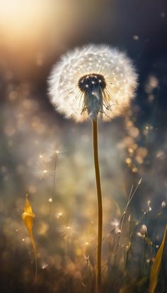 a dandelion is blowing in the wind with its seeds still attached to it