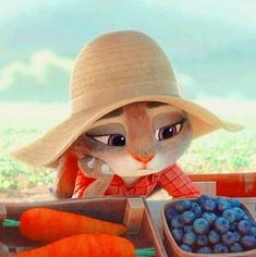 a cartoon cat wearing a hat and holding a carrot in front of some blueberries