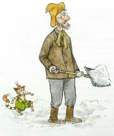 a drawing of a man shoveling snow with a cat in the back ground behind him