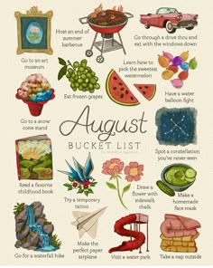 an illustrated poster with the words august bucket list