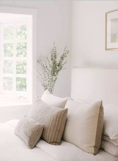 a bed with white linens and pillows in front of a large window that has a potted plant on it