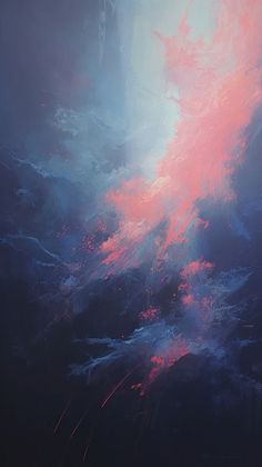 an abstract painting with pink and blue clouds in the sky, as seen from above